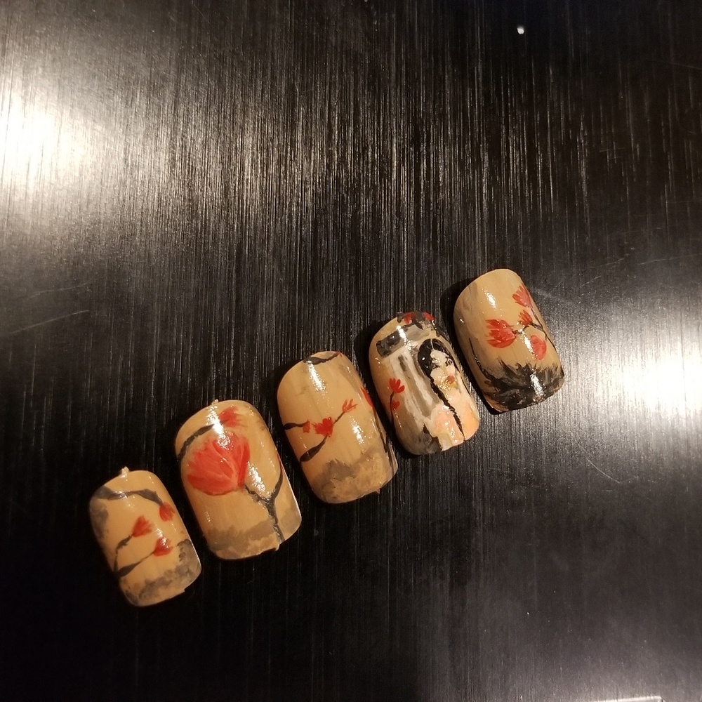 Beautiful floral cherry glue on nails